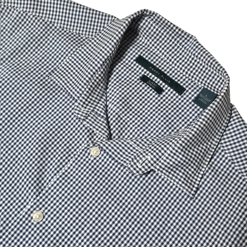 Perry Ellis Mens Slim Fit Stretch Plaid Shirt Navy Blue L Wrinkle Resisitant